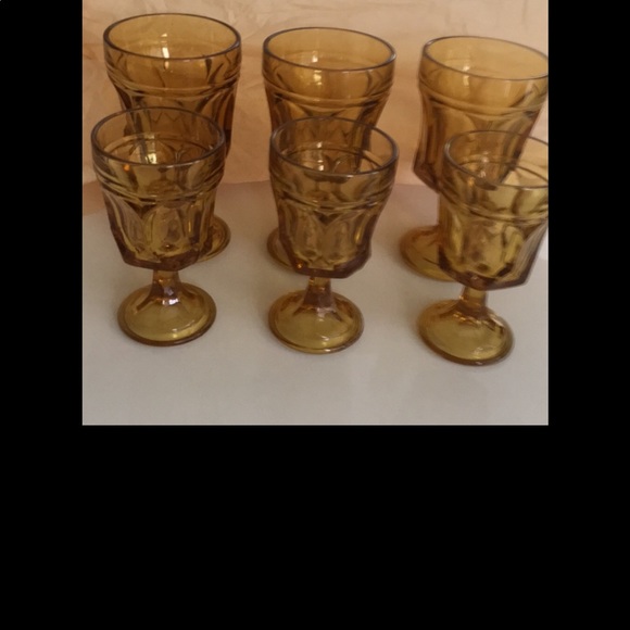 6 retro amber color collectible vintage glasses